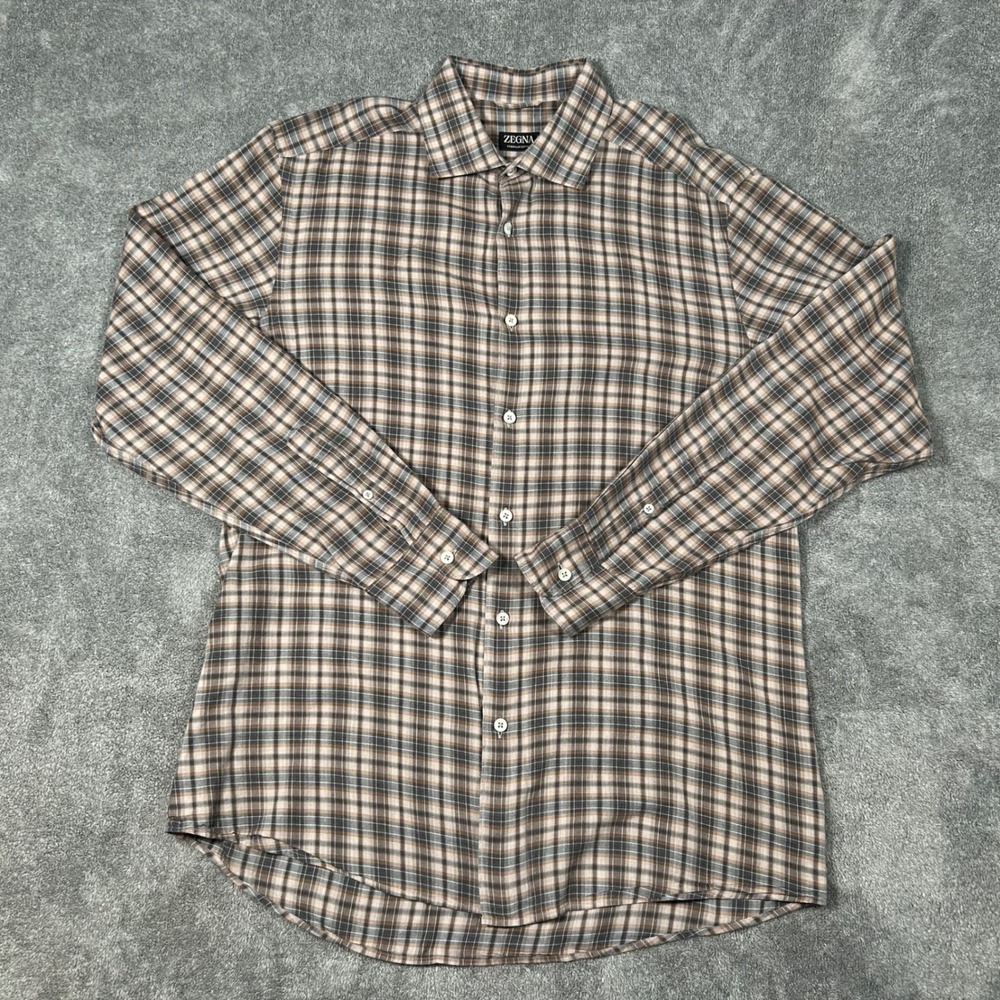 Zegna Mens Premium Cotton Plaid Button Down Shirt Brown Grey Regular Fit Large